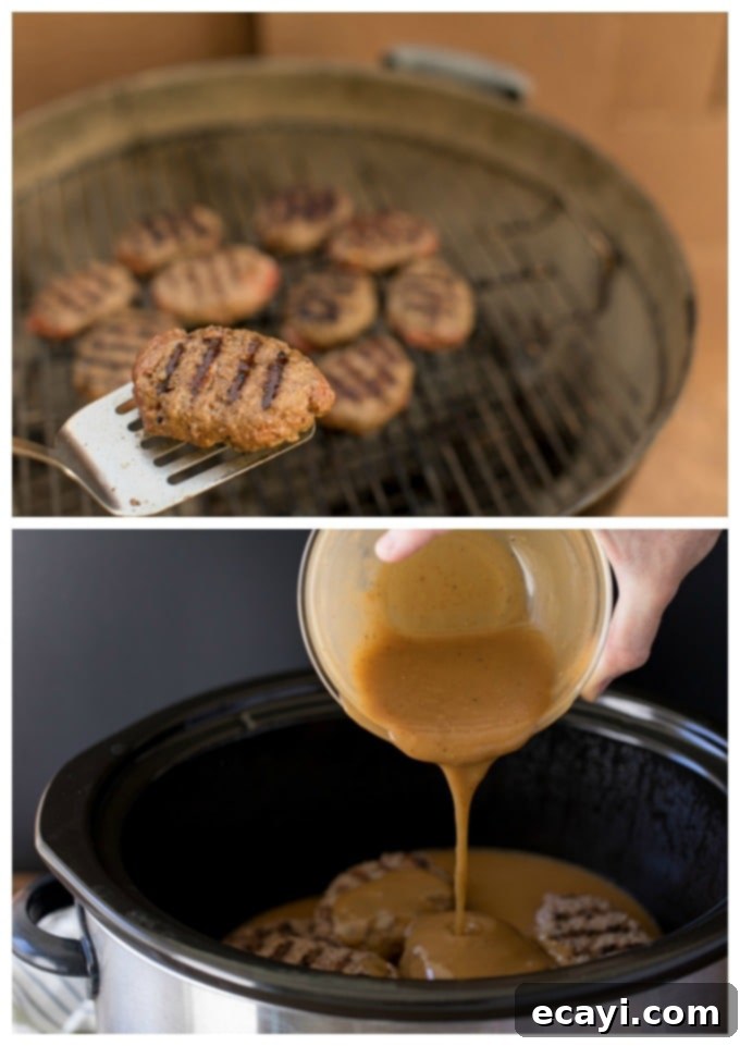Homestyle Salisbury Steaks 5 Salisbury steak patties being grilled, showing nice sear marks on the meat.
