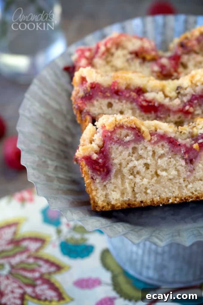 Tangy Raspberry Swirl Coffee Cake 10 The beautiful, freshly baked raspberry coffee cake, with a golden crumb topping and visible fruit swirls, ready to be enjoyed.