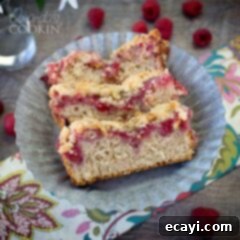 Tangy Raspberry Swirl Coffee Cake 12 An overhead picture of three raspberry coffee cake slices, with a light streusel topping and juicy raspberry filling.