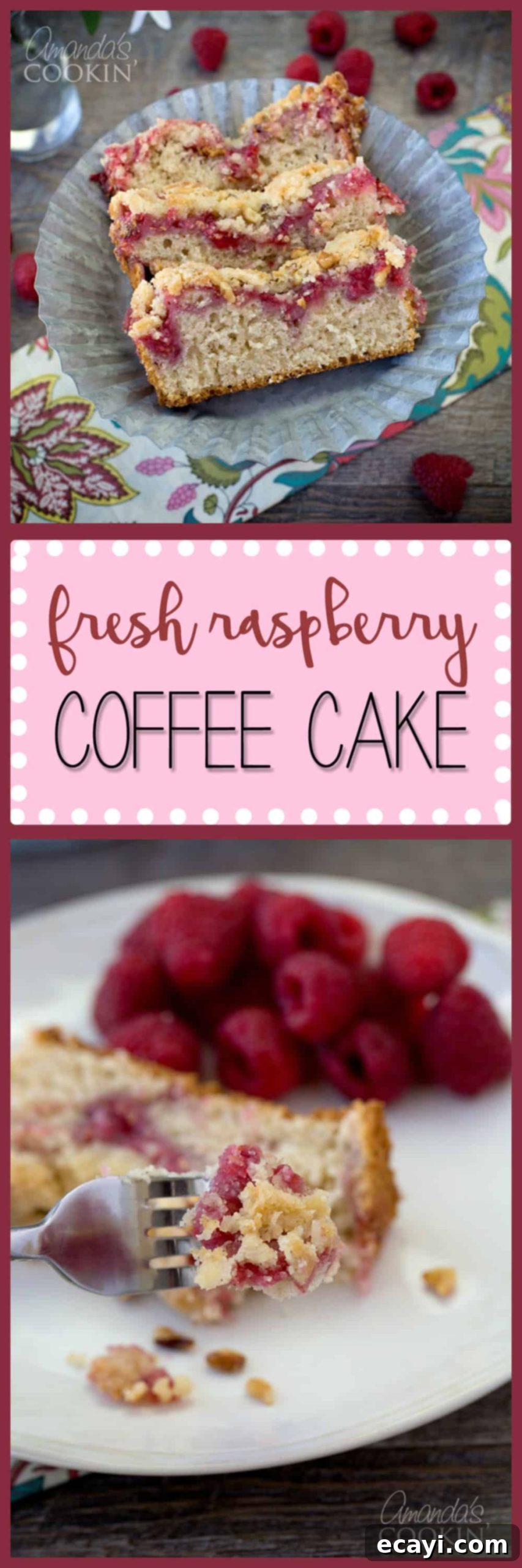 Tangy Raspberry Swirl Coffee Cake 13 A photo compilation featuring a close-up of a forkful of raspberry coffee cake and a full slice on a white plate, highlighting its delicious texture.