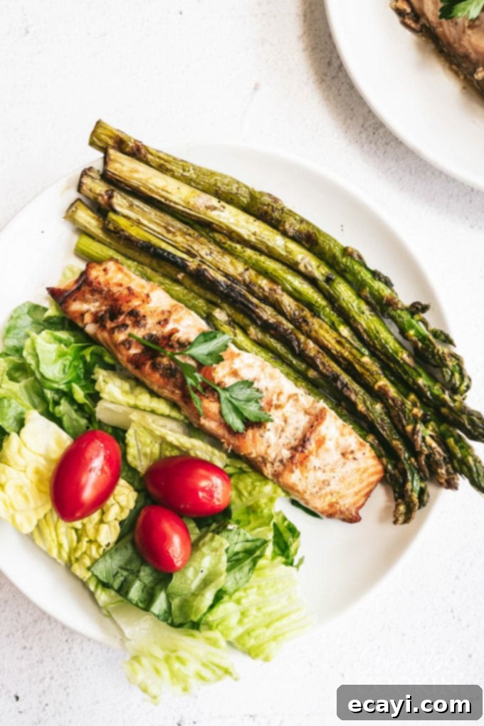 Chargrilled Salmon Bliss 4 overhead view of grilled salmon and asparagus on plate