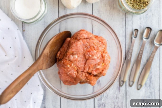 Crafting Authentic Pizza Sausage 6 Raw seasoned ground pork in a mixing bowl with a spoon, showing the spices fully incorporated into the meat, ready for cooking.