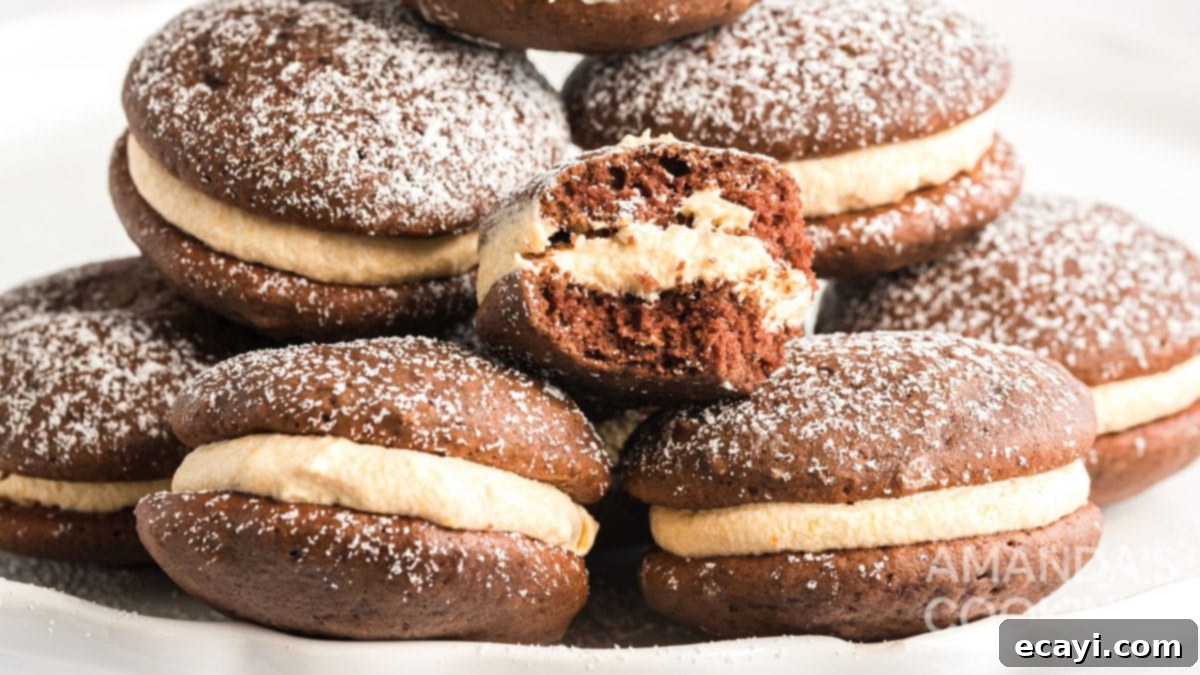 A mouth-watering stack of whoopie pies, showcasing their delightful appearance. a stack of delectable whoopie pies with a rich filling, set against a festive fall backdrop