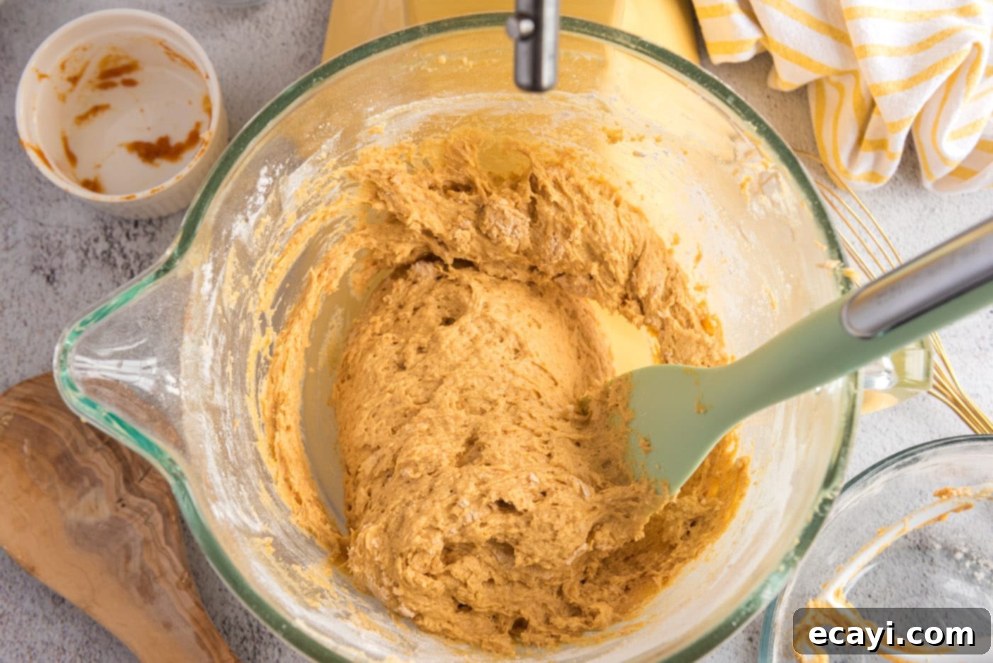 Spiced Pumpkin Chocolate Chip Muffins 14 Smooth, well-combined pumpkin muffin dough in the mixer bowl, ready for mix-ins