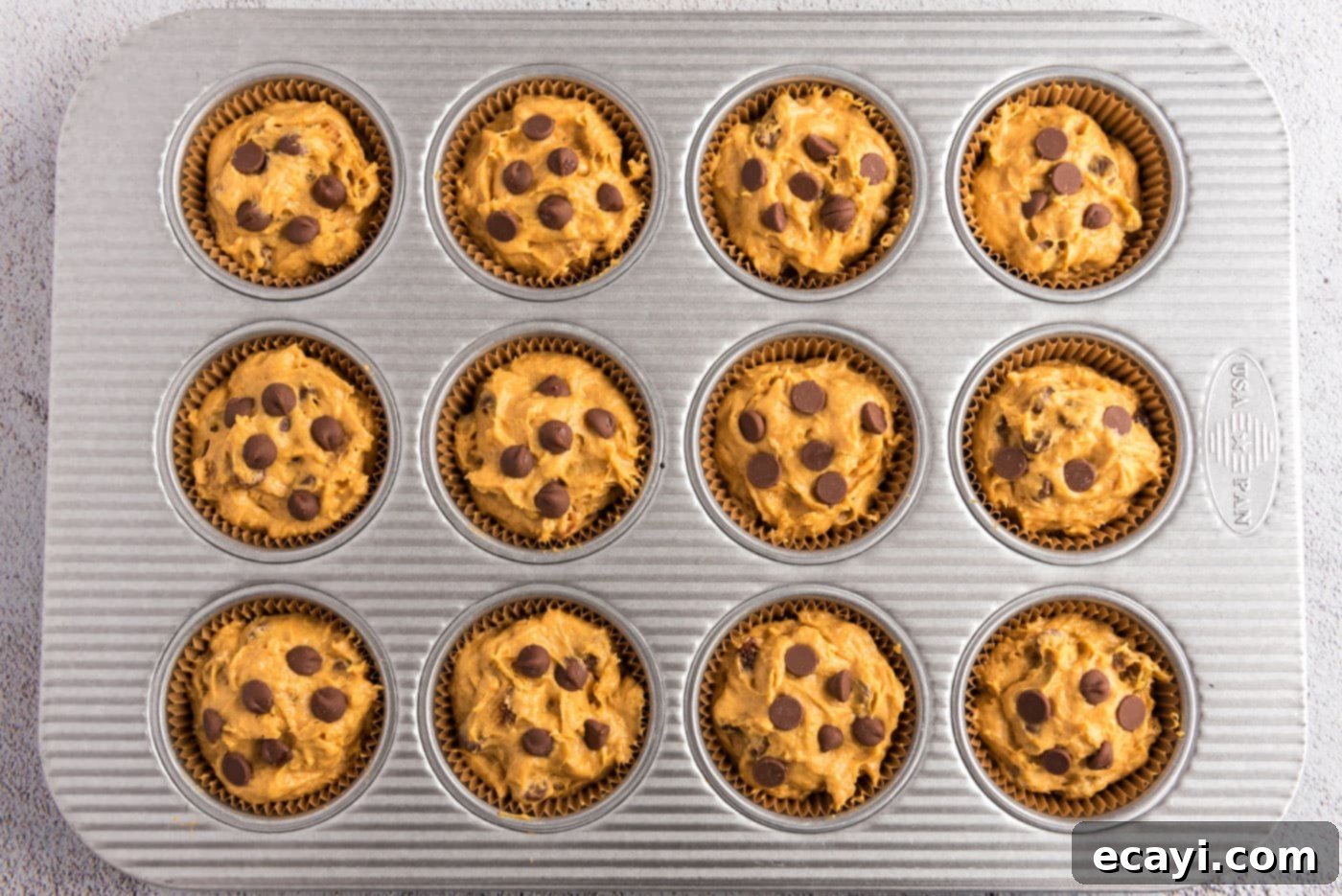 Spiced Pumpkin Chocolate Chip Muffins 17 Chocolate chip pumpkin muffin batter added to pan cavities, topped with extra chocolate chips
