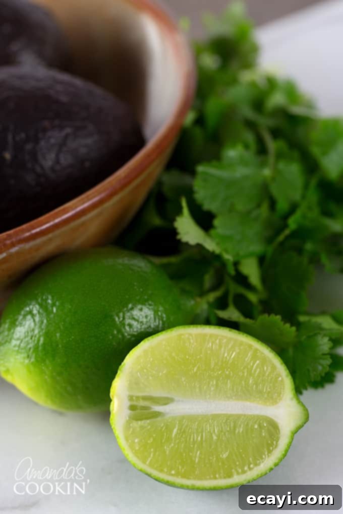Chipotle Chicken Comfort Bowl 6 A close up of limes, avocado and cilantro.
