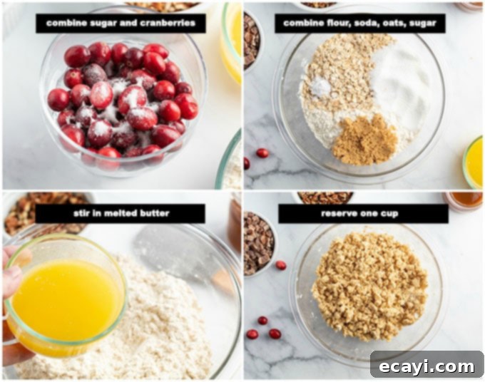 Caramel Cranberry Bliss Bars 5 illustrated step photos for making the oat crust and topping mixture for the cranberry caramel bars
