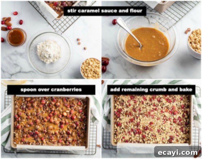 Caramel Cranberry Bliss Bars 7 illustrated step photos showing the caramel layer being spread and the final baking of the bars