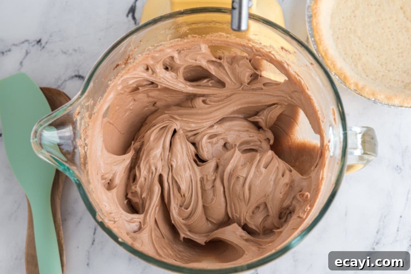 Silky Chocolate Dream 11 Smooth and rich French silk pie filling in a stand mixer bowl after all eggs have been incorporated and beaten