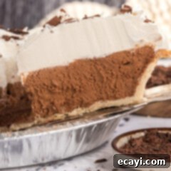 Silky Chocolate Dream 17 Close-up photo of a slice of homemade French Silk Pie being lifted from the pie dish, revealing its creamy texture and perfect layers of crust, chocolate filling, and whipped cream.