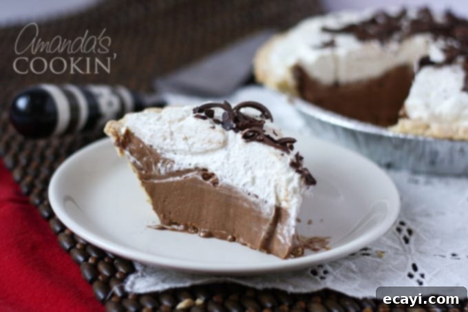 This amazing recipe for French Silk Pie tastes just like the famous Baker's Square version. I make this delicious copycat French Silk Pie every holiday. #frenchsilkpie #bakerssquarepie #chocolatepie #thanksgivingdesserts #homemadepie #chocolatecreampie #chocolatemoussepie #christmasdesserts A beautifully presented slice of homemade French Silk Pie, rich chocolate filling, fluffy whipped cream, and chocolate shavings on top. It sits on a delicate white plate, inviting indulgence.