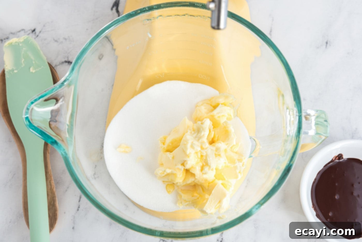 Silky Chocolate Dream 7 Softened butter and granulated sugar in a stand mixer bowl before mixing