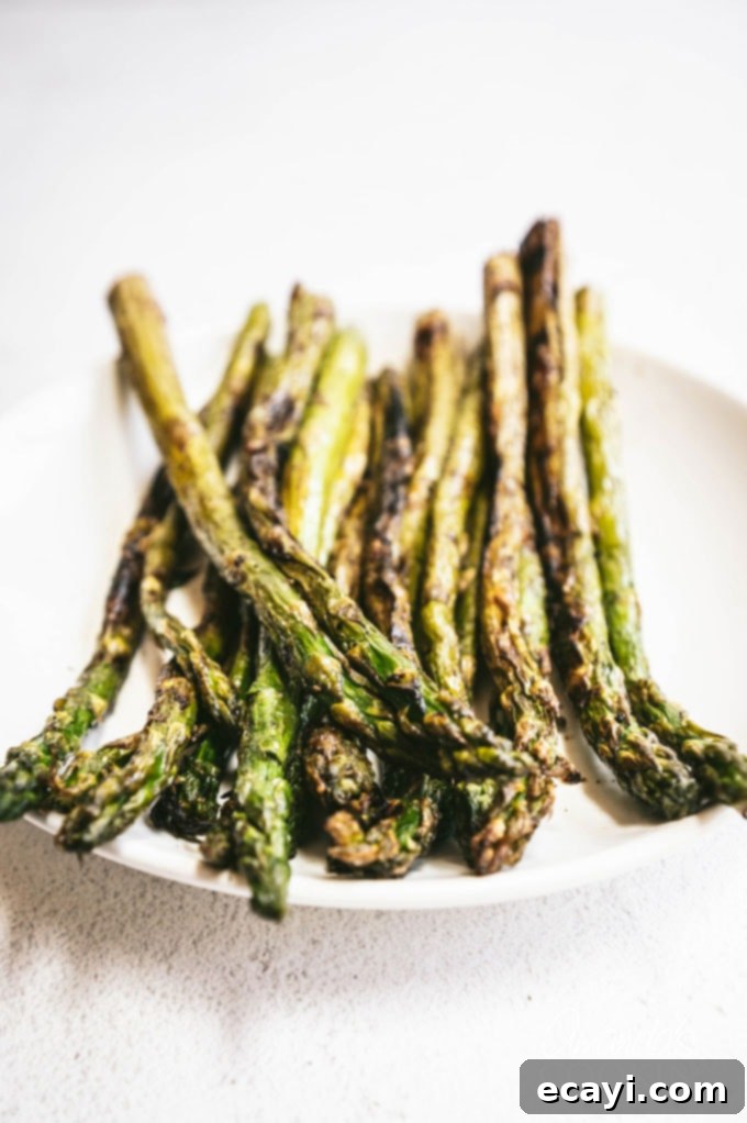 Smoky Green Spears 2 grilled asparagus on a white plate