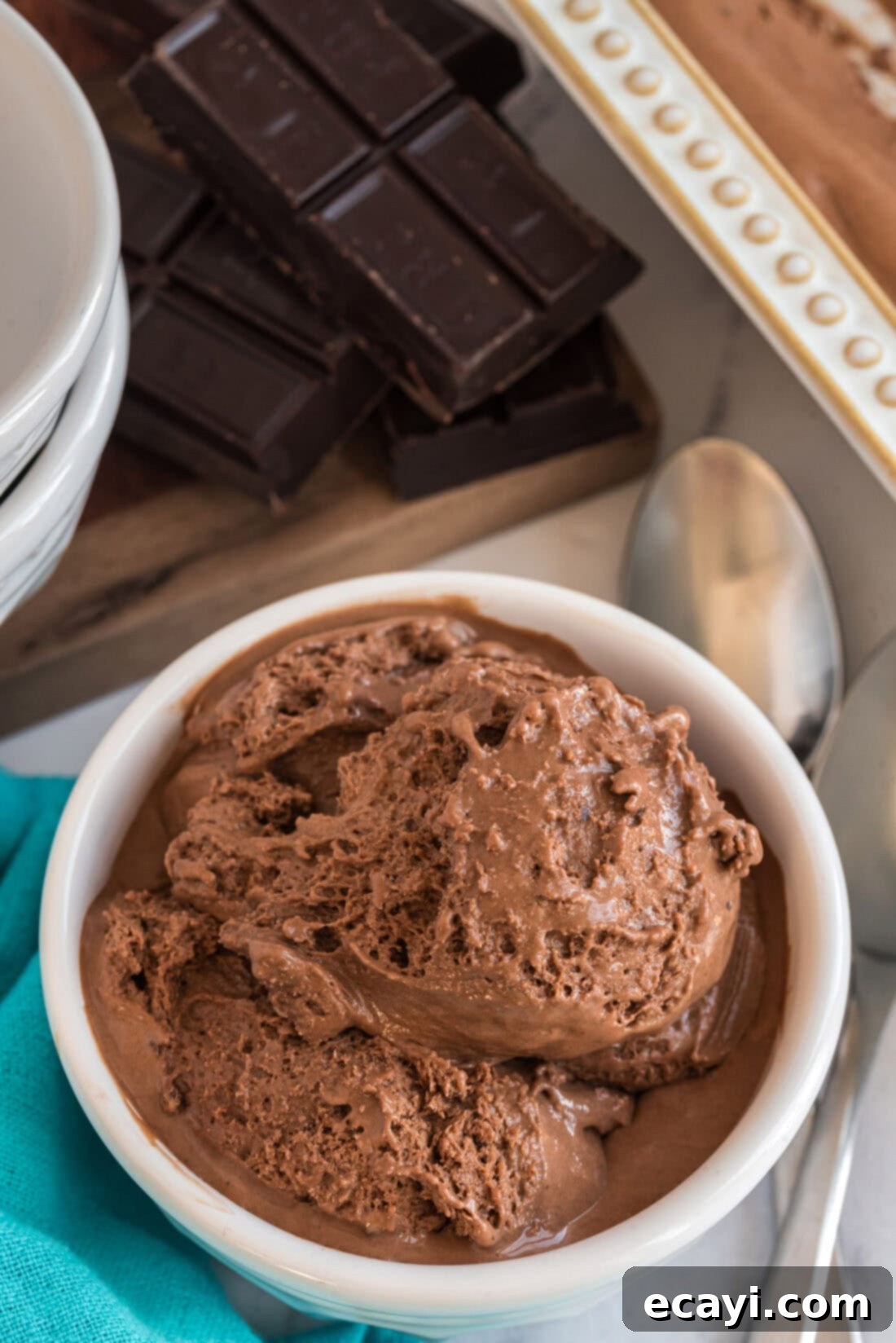 Decadent Homemade Chocolate Ice Cream 3 Bowl of rich and creamy Homemade Chocolate Ice Cream, ready to be enjoyed