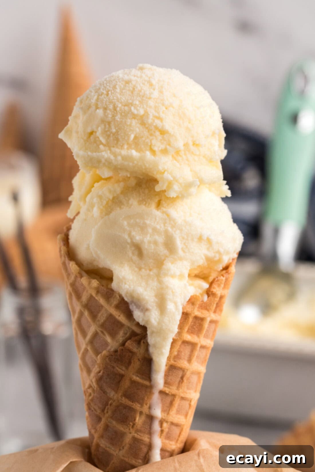 The Ultimate Homemade Vanilla Ice Cream 2 Two scoops of Homemade Vanilla Ice Cream in a waffle cone