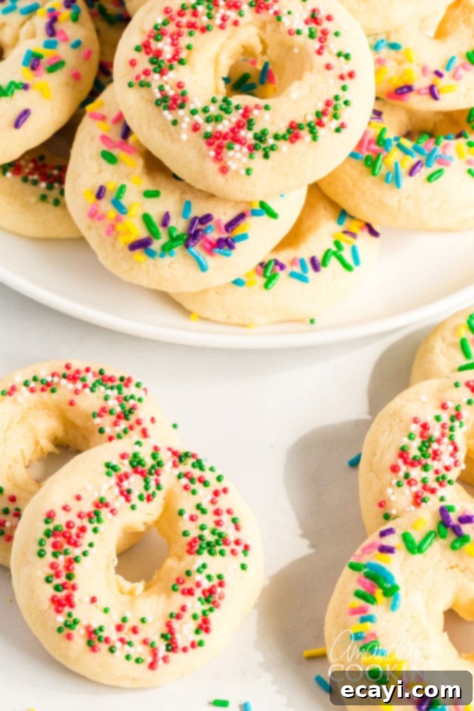 A delicious buttery sugar cookie with a pretty presentation. These soft cookies would be great for a birthday party, Cinco de Mayo celebrations, or just when you want a chewy sugar cookie. Pretty Mexican cookie rings on table and white plate