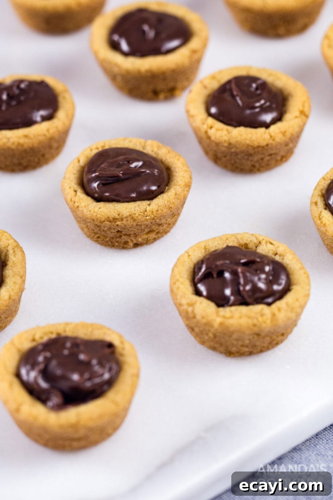 Fudgy Peanut Butter Delights 6 A tray of peanut butter cookie cups, each divot generously filled with decadent chocolate fudge