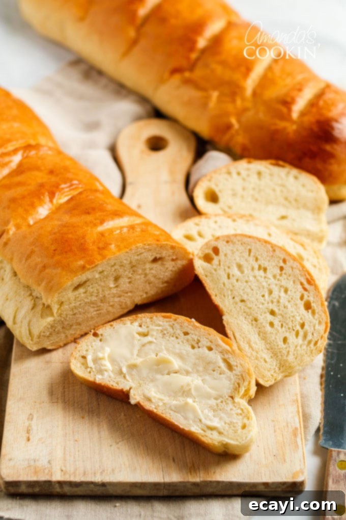 Rustic Italian Loaf 3 loaf of Italian bread on cutting board, slice of bread with butter