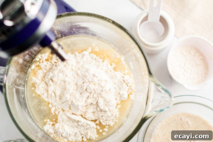 Rustic Italian Loaf 5 bread dough and flour in the bowl of a stand mixer
