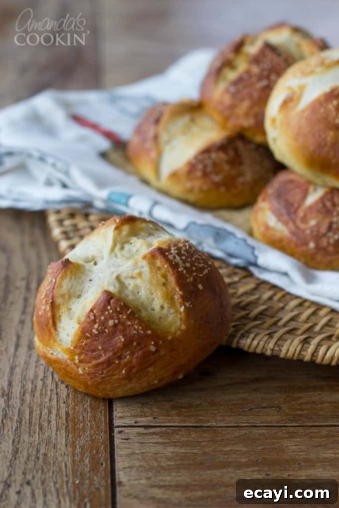 Pretzel Rolls 7 A beautiful spread of Bretzel Rolls, perfect as pretzel sandwich buns or pretzel dinner rolls.