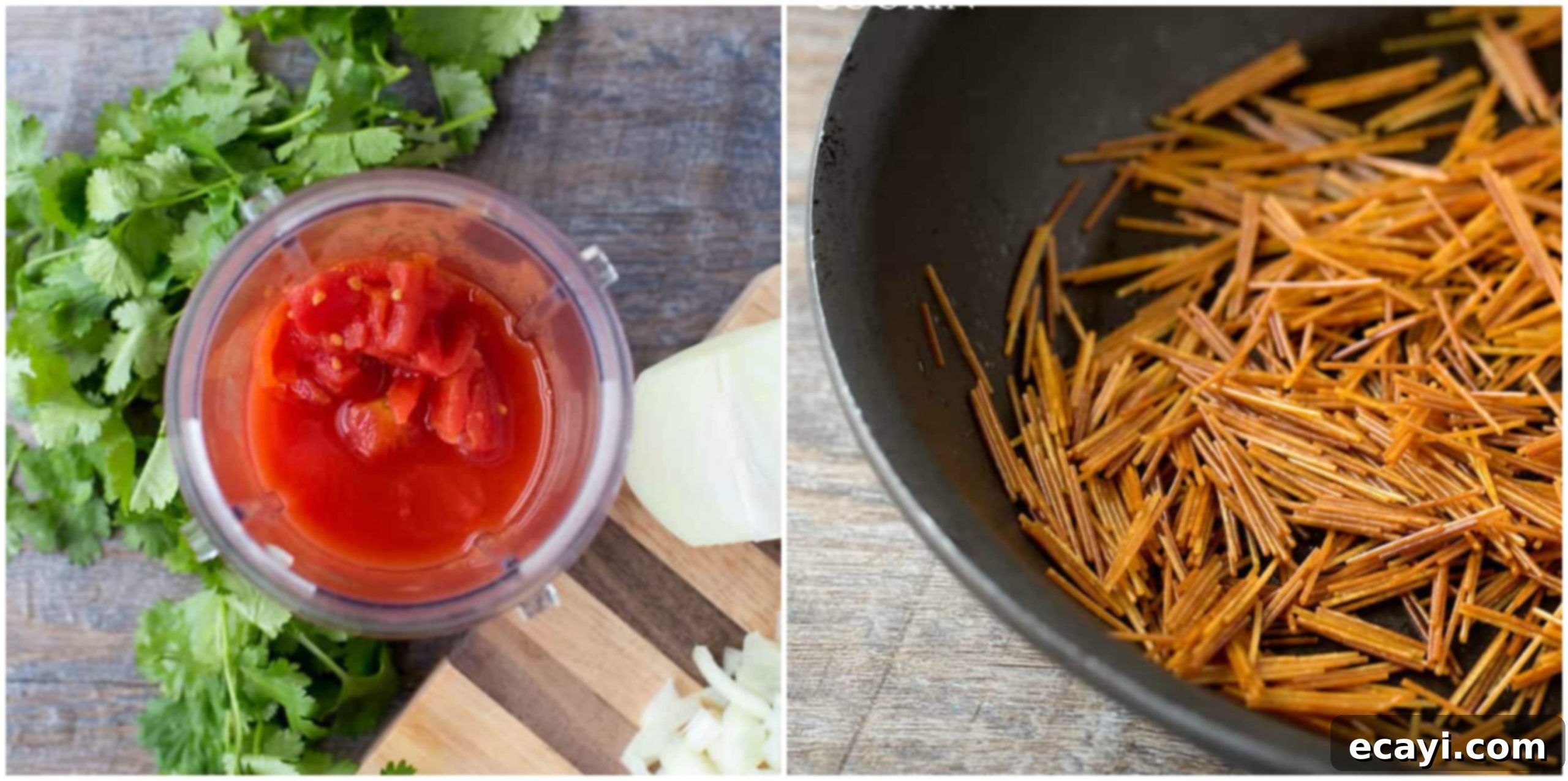Mexican Sopa de Fideos 3 steps for mexican soup - blending tomatoes and browning the fideo noodles
