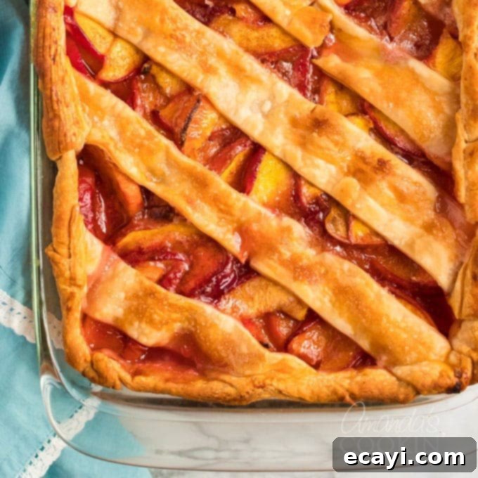 Heavenly Deep Dish Peach Pie 16 close up of a golden-brown, bubbly deep dish peach pie cooling on a wire rack