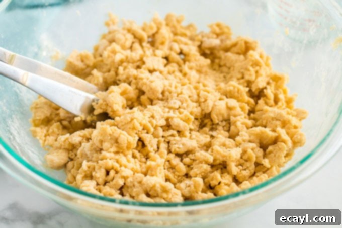 Heavenly Deep Dish Peach Pie 7 pie dough being gently mixed in a bowl with a fork, showing the gathering process