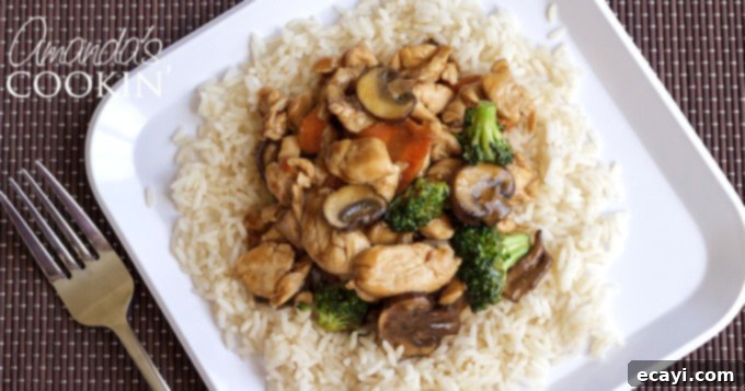 Silky Chicken and Mushroom Stir-Fry 4 Chicken and mushroom stir fry on a bed of rice