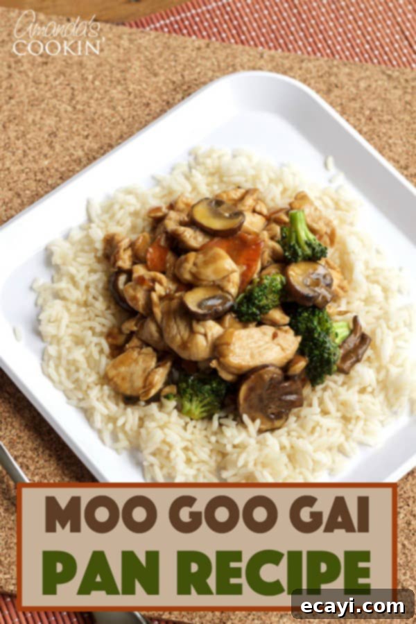 Silky Chicken and Mushroom Stir-Fry 8 A plate of food with rice and broccoli, with Chicken and Moo goo gai pan