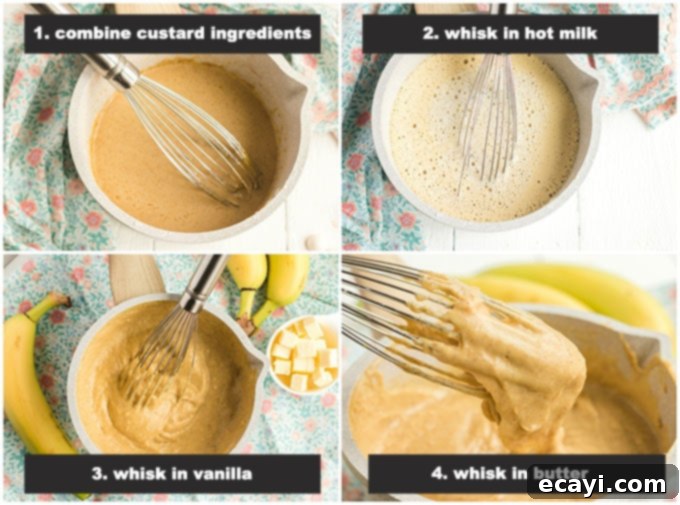 Golden Banana Indulgence 6 first four illustrated steps of making banana cream pie filling
