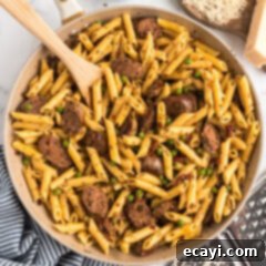 Hearty Sausage Penne With Peas 16 Sausage, Penne & Peas in a skillet