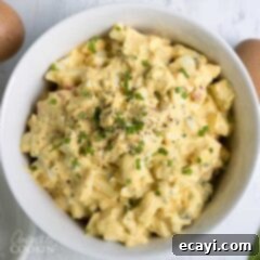 Egg Salad 2 A bowl of creamy Classic Egg Salad, garnished with fresh chives, ready to serve.