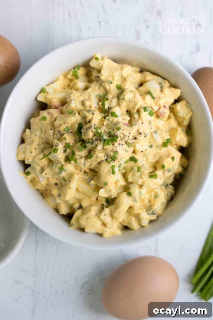 This Egg Salad is made up of all the classic ingredients from your traditional egg salad recipe. This is a great recipe for a potluck or BBQ! #easter #easterrecipes #eggsalad #BBQ #potluck #summer #summerrecipes #appetizers #lunch Egg Salad with Chives - a fresh take on a classic, perfect for light lunches or appetizers