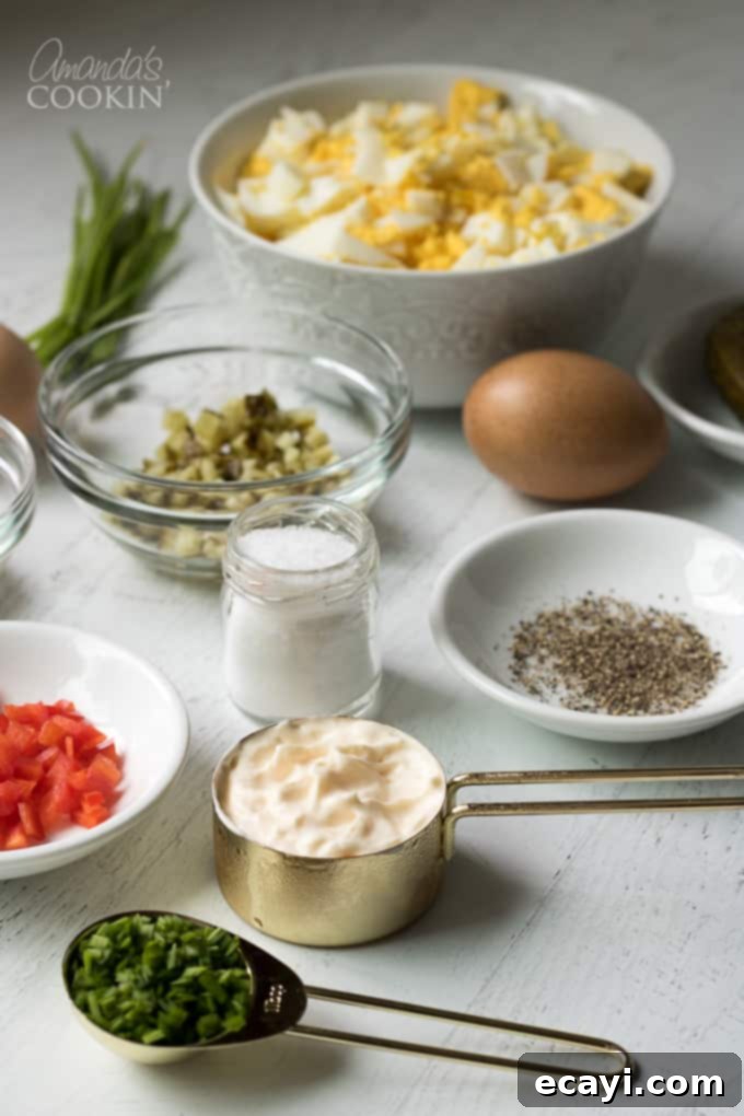 A visual of all the fresh ingredients ready for this traditional egg salad recipe. Ideal for any potluck or BBQ! Ingredients for a classic egg salad: boiled eggs, mayonnaise, Dijon mustard, dill pickle, red bell pepper, fresh chives, salt, and pepper.