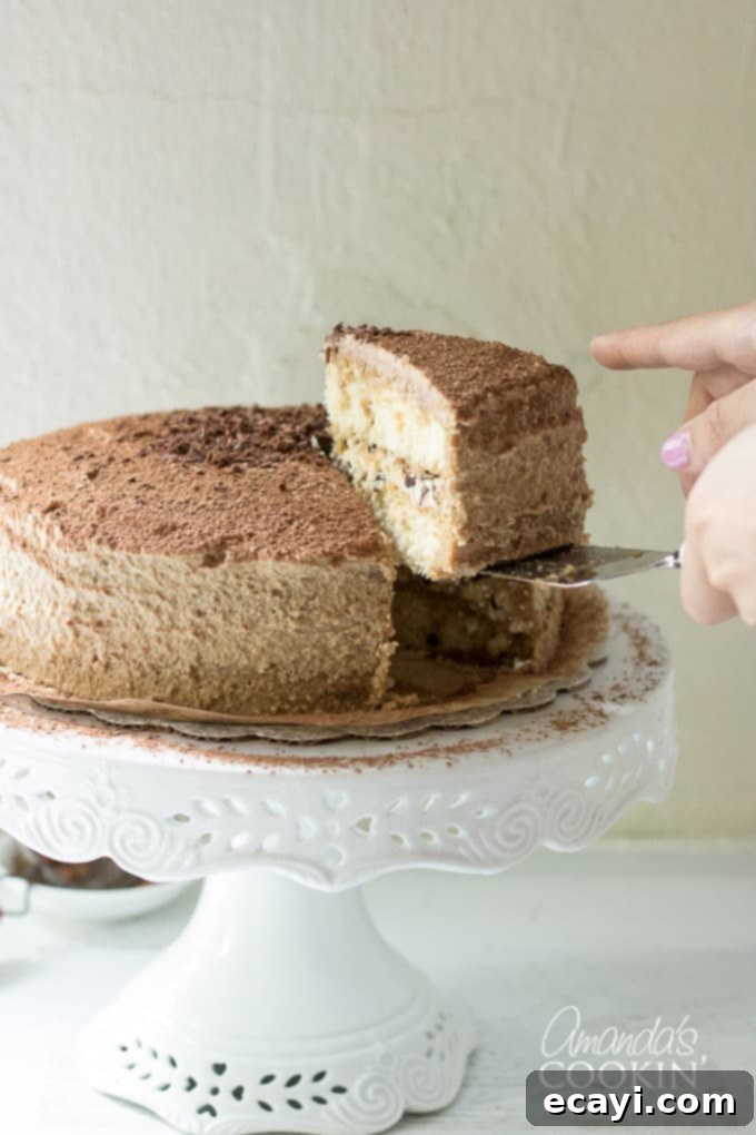 Tiramisu dessert in a layered Tiramisu cake. Indulge in espresso infused cake layers, mascarpone cheese filling, and a decadent coffee flavored icing. #tiramisucake #tiramisudesserts #partycake #cakerecipes #tiramisu #mascarpone #cocoa #amaretto #espresso #espressodesserts Close-up of a slice of tiramisu cake on a white plate, showcasing the fluffy mascarpone frosting and moist cake layers.