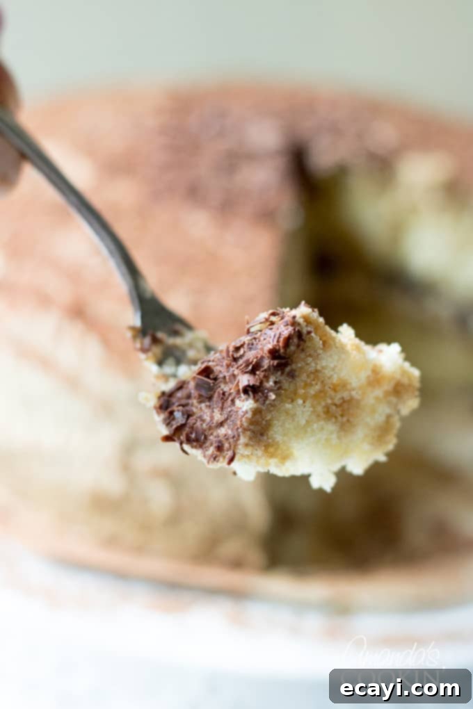 Tiramisu dessert in a layered Tiramisu cake. Indulge in espresso infused cake layers, mascarpone cheese filling, and a decadent coffee flavored icing. #tiramisucake #tiramisudesserts #partycake #cakerecipes #tiramisu #mascarpone #cocoa #amaretto #espresso #espressodesserts A fork taking a bite out of a slice of Tiramisu Cake, highlighting its soft texture and creamy layers.