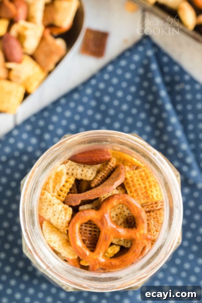 Savory Snack Medley 4 overhead view of chex mix in a jar