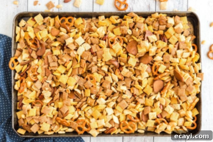 Savory Snack Medley 9 chex mix on a cookie sheet