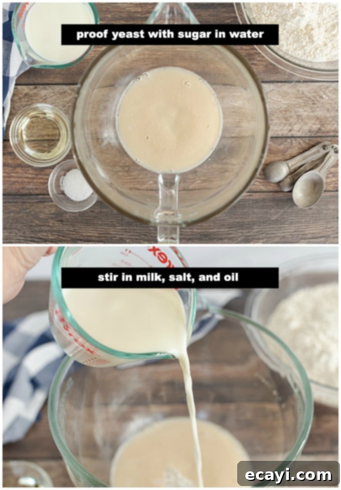 Amish Farmhouse White Loaf 3 Adding warm milk to the foamy yeast and sugar mixture in a large bowl.