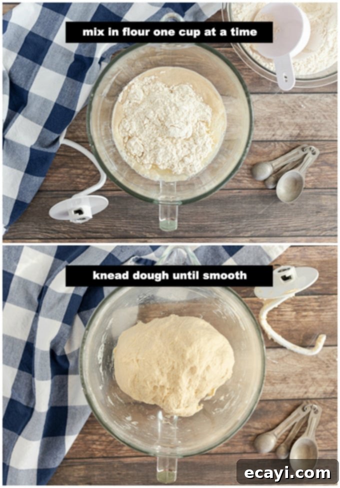 Amish Farmhouse White Loaf 4 Adding bread flour cup by cup to the dough mixture in a stand mixer.