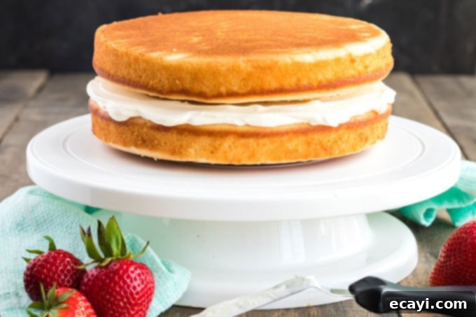 Timeless White Cake 9 two cake layers with cream cheese frosting in between on a cake platter