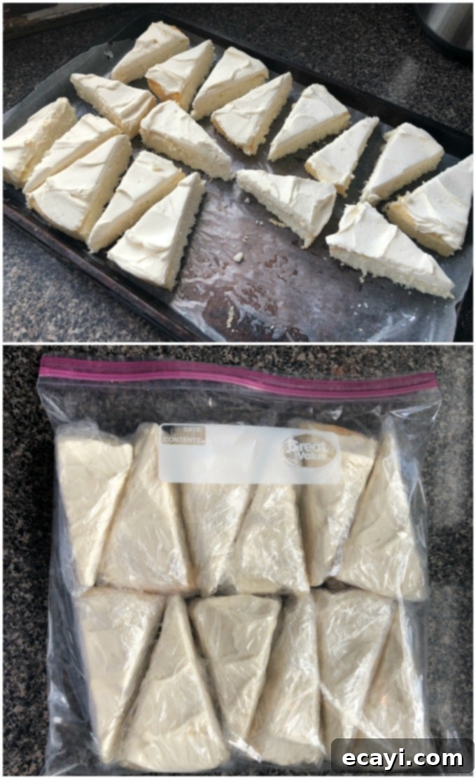 Timeless White Cake 10 white cake slices on a jelly roll pan, frozen cake slices in a freezer bag