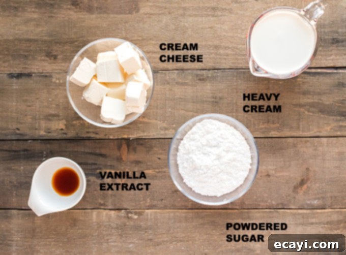 Timeless White Cake 3 ingredients for cream cheese frosting: cream cheese, heavy cream, powdered sugar, vanilla