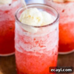 Kitchen Crafted Slush Floats 12 A vibrant red slushie float topped with a scoop of vanilla ice cream, ready to be enjoyed.