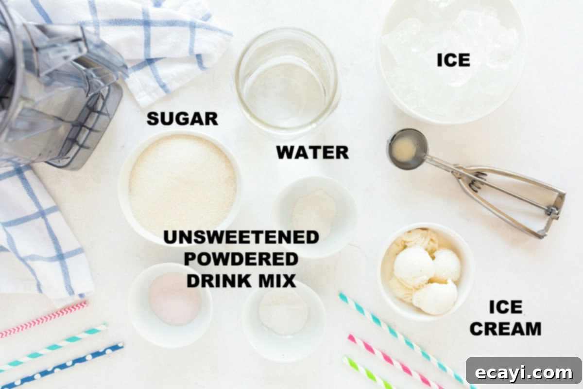 Kitchen Crafted Slush Floats 2 Labeled ingredients for homemade slushies including unsweetened drink mix, sugar, water, ice, and vanilla ice cream, laid out on a kitchen counter.