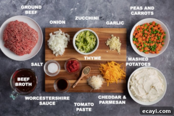 This Shepherd's Pie uses fresh ingredients mixed with ground beef to make a deliciously satisfying and filling dinner recipe! Ingredients laid out for making Shepherd's Pie.