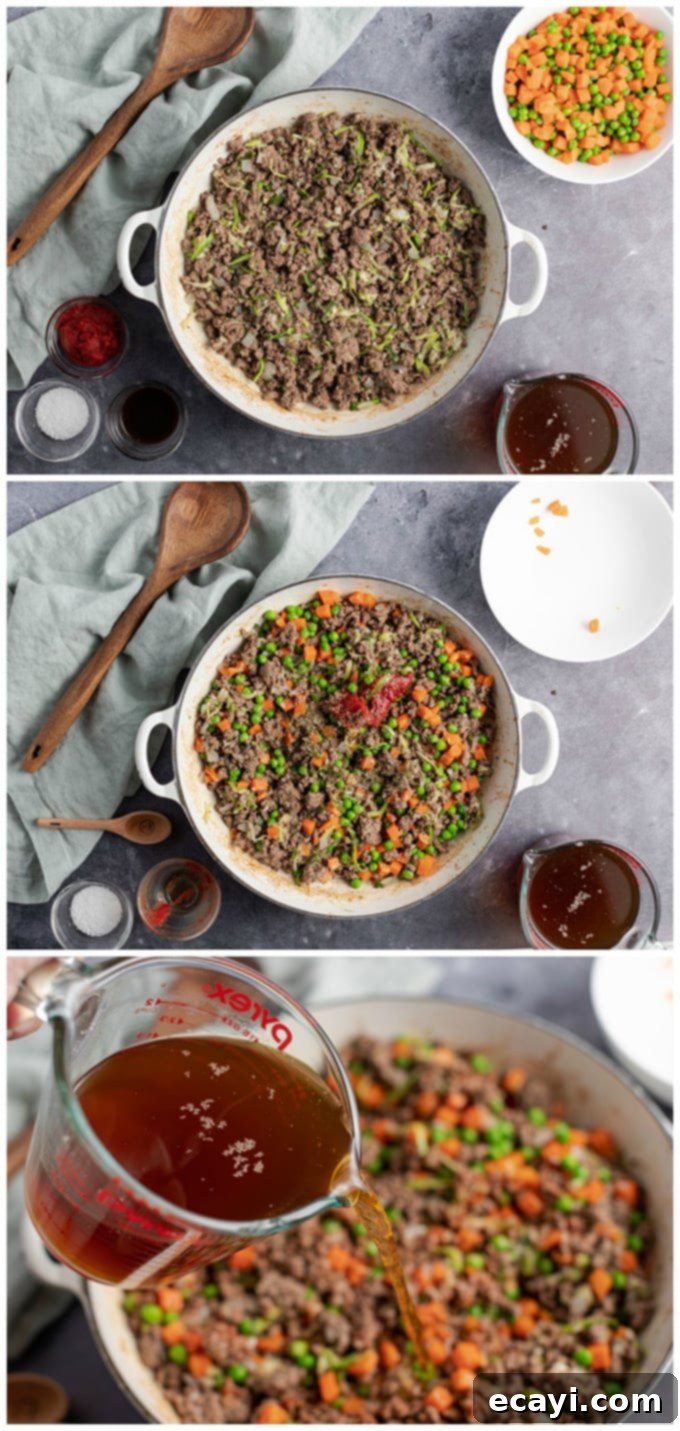Shepherds Pie 2 Browning ground beef in a skillet, then adding broth and vegetables for Shepherd's Pie.