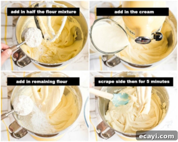 Velvety Whipping Cream Pound Cake 4 Illustrated steps showing alternating additions of flour and cream, followed by beating until the pound cake batter is satiny and creamy.