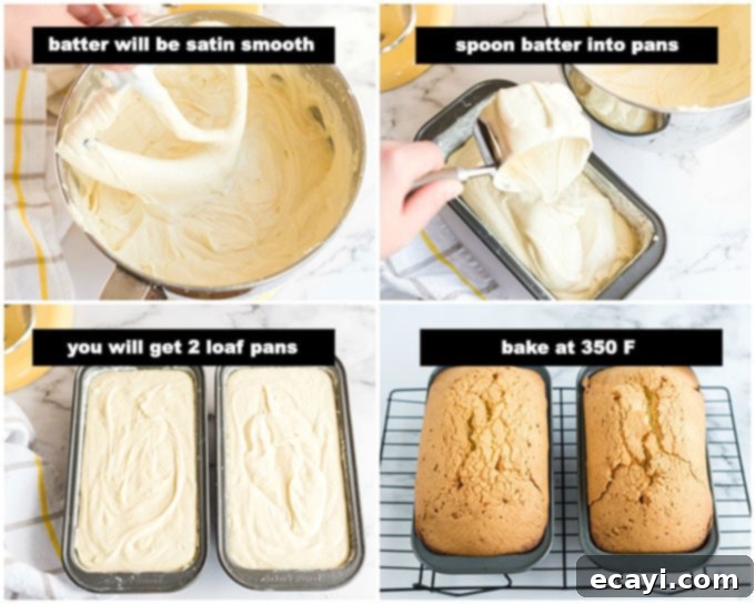 Velvety Whipping Cream Pound Cake 5 Illustrated steps showing spooning the pound cake batter into prepared loaf pans and tapping them to remove air bubbles before baking.