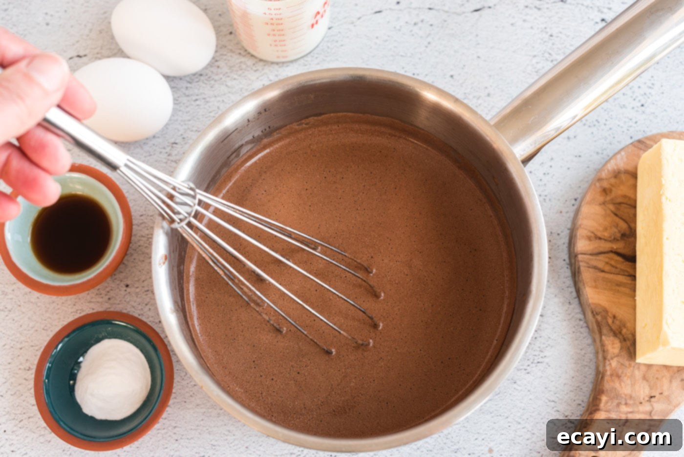 Texas-Sized Chocolate Dream 6 whisking chocolate texas sheet cake batter